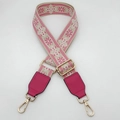Adjustable wide replacement bag strap with pink embroidery and golden metal hooks - Beige Rose White + Rose Red Leather