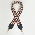 Detail of wide nylon bag strap with vintage geometric pattern and gold swivel hooks - Total length about 100cm / Brown and Black Leather and Light Gold Hook