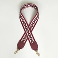Detail of colorful geometric woven wide bag strap with gold metal lobster clasps - Total length about 100cm / Burgundy and Burgundy Leather and Light Gold Hook