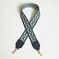 Detail of colorful woven bag strap with geometric patterns and gold metal swivel hooks - Total length about 100cm / Green and Black Leather and Light Gold Hook