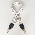 Detail of adjustable wide bag strap featuring colorful hot air balloon prints and gold hooks - Hot Air Balloon + Black Leather
