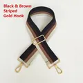 Close-up of adjustable striped canvas bag strap with gold metal hooks and buckle - Gold S-Hook Connector Clasp / Black and Coffee Striped