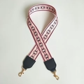 Detail of pink and white jacquard wide bag strap with black chain pattern and gold metal hooks - Total length about 100cm / Pink and Black Leather and Light Gold Hook