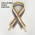 Detail of adjustable striped canvas strap with yellow, white, and blue-grey pattern and gold hooks - Gold S-Hook Connector Clasp / Yellow/White/Blue Stripes