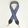 Detail of blue and white chain pattern woven strap with gold metal swiveling hooks - Total length about 100cm / Blue and Black Leather and Light Gold Hook
