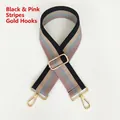 Detail of adjustable black and pink striped wide canvas strap with gold metal hooks - Gold S-Hook Connector Clasp / Black/Pink/Blue Stripes