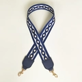 Close-up of wide nylon replacement strap with navy chain pattern and gold metal hooks - Total length about 100cm / Blue and Blue Leather and Light Gold Hook