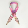Detail of adjustable rainbow gradient nylon shoulder strap with golden metal swivel hooks - Rhythmic Color + Pink Leather