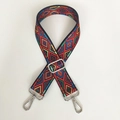 Detailed view of bohemian woven crossbody strap with red geometric pattern and silver hooks - Multicolor Geometric With Silver Hook