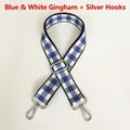 Detailed shot of blue gingham fabric strap with silver metal swivel hooks and adjuster - Blue White Check (Silver Hook)