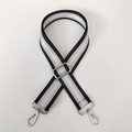 Detail view of the adjustable black and silver striped crossbody strap with metal hooks - Silver Ribbon with Silver Hook