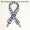 Detail of adjustable blue and white gingham bag strap with gunmetal swivel snap hooks - Blue White Check (Gunmetal Hook)