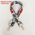 Detail of colorful graffiti canvas bag strap with golden metal spring hooks and buckle - Graffiti Letters (Gold Hook)