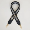 Close-up of black bag strap with silver ladder weave pattern and gold hardware hooks - Black & Silver Ladder Geometric (Silver Black + Black Leather)