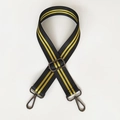 Bandoulière réglable en nylon noir avec rayures jaunes et boucles métalliques - Motif Flèche Dorée & Crochet Gris Fusil