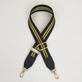 Detailed view of adjustable wide black strap with yellow stripes and gold metal hardware - Black & Yellow Striped Style