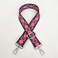 Detail view of ethnic jacquard wide strap with red and purple geometric patterns and silver hardware - Length approx. 130cm / A4 Multicolor Pattern With Silver Hardware