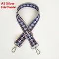 Detail of blue and pink geometric ethnic pattern on adjustable woven strap with silver clips - Length approx. 130cm / A5 Multicolor Pattern With Silver Hardware