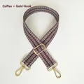 Detail view of coffee and beige geometric embroidered bag strap with gold metal hooks - Silver Hook / Cream and Coffee Wave