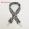 Close-up of geometric pattern wide shoulder strap with gold hardware and A7 model label - Length approx. 130cm / A7 Multicolor Pattern With Gold Hardware