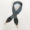 Detail of bohemian geometric woven bag strap with golden lobster clasp and buckle - Blue Ethnic Pattern With Black Leather and Gold Hook