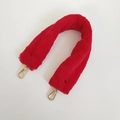 Close-up of fluffy red faux fur bag strap with polished gold metal lobster clasps - Length Approx 40cm / Red + Gold Hook