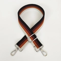 Detail of 3.8cm wide adjustable striped bag strap with silver metal swivel hooks - Black & Brown Stripe (Silver Hook)