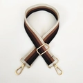 Detail of multi-color striped fabric bag strap with adjustable gold-toned metal buckles - Black & Coffee Stripe (Gold Hook)