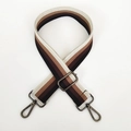 Detail of adjustable wide woven bag strap with brown and beige stripes and metal buckles - Black & Coffee Stripe (Gunmetal Hook)