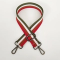 Detail of adjustable wide striped canvas bag strap with gunmetal swivel hooks - Red & Brown Stripe (Gunmetal Hook)