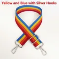 Detail of adjustable thick nylon striped bag strap with silver metal lobster clasps - Yellow & Blue Stripe (Silver Hook)