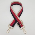 Detail of adjustable 3.8cm striped canvas bag strap with golden zinc alloy lobster clasps - Black & Red Stripe (Gold Hook)
