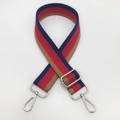 Detail of adjustable woven shoulder strap with colorful stripes and silver metal buckles - Red & Blue Stripe (Silver Hook)