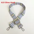 Detail of adjustable wide canvas shoulder strap with blue and yellow zigzag pattern - A19 Pattern (Silver Hook)