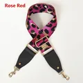 Detail of rose red leopard print wide bag strap with gold metal hooks and leather ends - Rose Red (Gold Buckle)