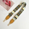 Ethnic geometric pattern wide shoulder strap with adjustable gold buckle and brown leather ends - Yellow White and Yellow Leather Accent