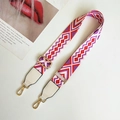 Detail of colorful geometric woven shoulder strap with white leather and gold hooks - Pink and White Leather Accent