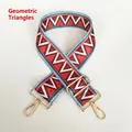 Detail of red and blue triangle pattern canvas bag strap with golden metal hooks - Triangle Grid With Gold Hook