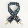 Close-up of blue ethnic geometric pattern canvas strap with gold metal swivel hooks - Blue Ethnic (Gold Hook)