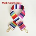 Close-up of colorful striped canvas shoulder strap with golden metal hooks and adjustable buckle - Colorful Stripes (Gold Hook)