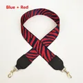 Detail of blue and red tiger stripe canvas bag strap with golden lobster clasps - Blue + Red