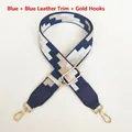 Detail of adjustable blue geometric embroidered bag strap with gold metal hooks and leather - Blue (Blue Leather & Gold Hardware)