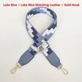 Adjustable canvas bag strap in blue geometric pattern with gold metal hooks and leather - Lake Blue (Lake Blue Leather & Gold Hardware)