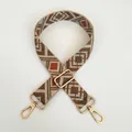 Close-up of adjustable wide woven shoulder strap with geometric diamond embroidery and gold hooks - Orange Brown Vintage Argyle Style (A42+Gold Hook)