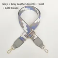 Detail of adjustable woven purse strap with grey geometric pattern and gold hardware hooks - Grey (Grey Leather & Gold Hardware)