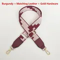 Detail of burgundy embroidered bag strap with golden swivel hooks and leather trim - Wine Red (Wine Red Leather & Gold Hardware)