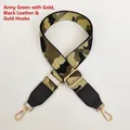 Detail of adjustable camo bag strap with green gold embroidery and metal hooks - Army Green Gold Camouflage