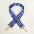 Close-up of blue houndstooth wide bag strap with adjustable gold alloy buckle and metal clip - Silver Hook / Blue and Light Blue-Silver Hook (4)