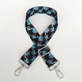 Detail view of woven houndstooth bag strap with silver metal swivel hooks and adjuster - Blue Black Orange Geometric Check (A60) + Silver Hook