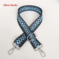 Detail of adjustable blue geometric ethnic woven strap with polished silver metal hooks - Blue and White Diamond (A63) + Silver Hook